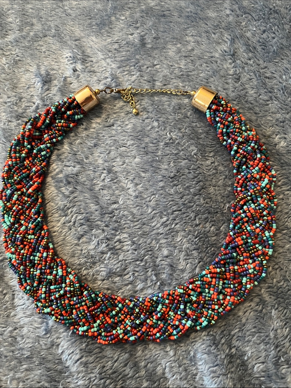 Multicolor Braided Seed Bead Collar Necklace with Gold Accents